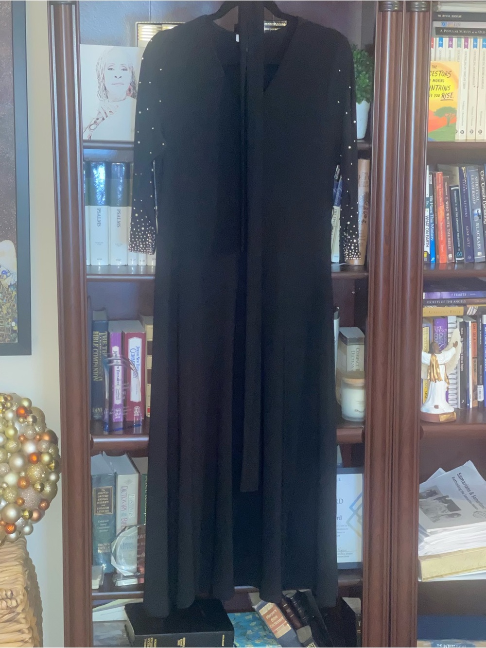 Black V-Neck Long Sleeve Maxi Dress with Embellished Sleeves